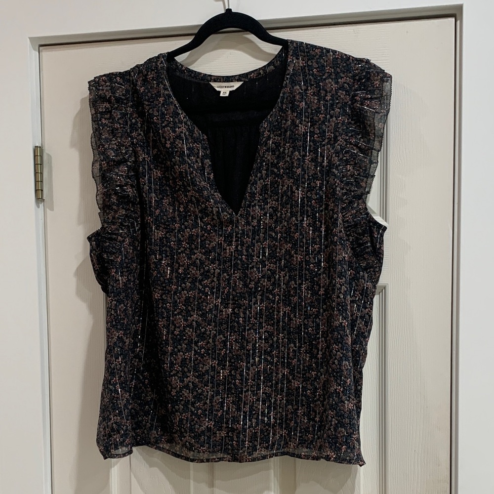 NEW Lucky Brand Black Floral Ruffle Blouse Size XXL